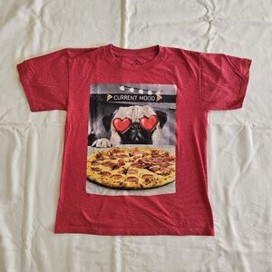 Well Worn Red Tee with Pug and Pizza Design